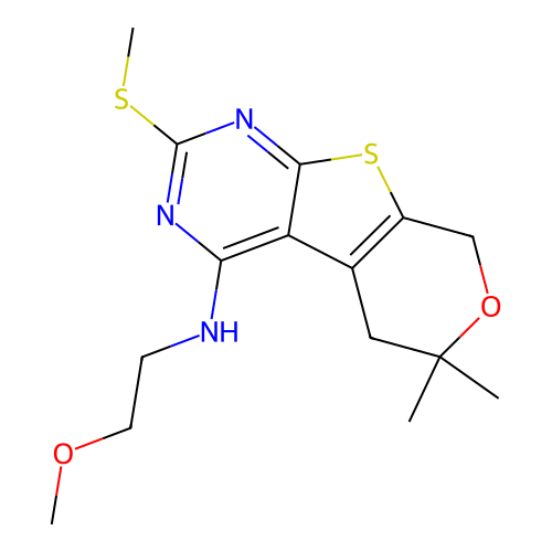 N-(2-methoxyethyl)-6,6-dimethyl-2-(methylsulfanyl)-5,8-dihydro-6H-pyrano[4',3':4,5]thieno[2,3-d]pyrimidin-4-amine structure