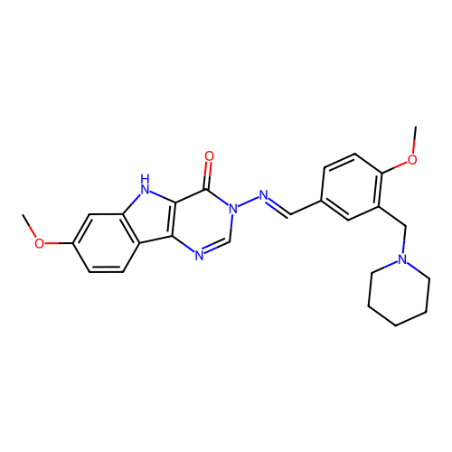 (E)-7-methoxy-3-((4-methoxy-3-(piperidin-1-ylmethyl)benzylidene)amino)-3H-pyrimido[5,4-b]indol-4(5H)-one structure