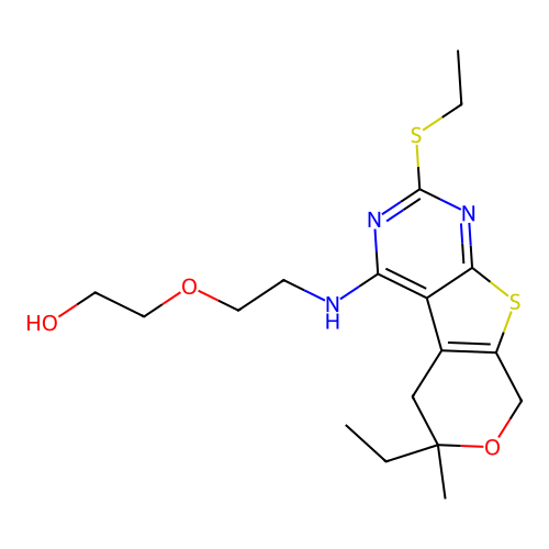 2-(2-((6-ethyl-2-(ethylthio)-6-methyl-6,8-dihydro-5H-pyrano[4',3':4,5]thieno[2,3-d]pyrimidin-4-yl)amino)ethoxy)ethanol structure