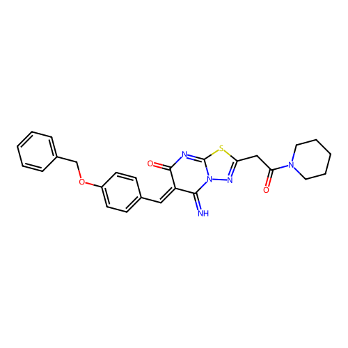 (6Z)-5-imino-2-(2-oxo-2-piperidin-1-ylethyl)-6-[(4-phenylmethoxyphenyl)methylidene]-[1,3,4]thiadiazolo[3,2-a]pyrimidin-7-one structure