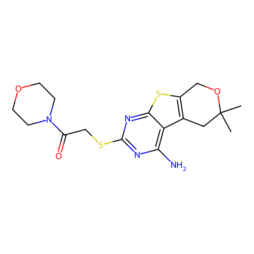 2-((4-amino-6,6-dimethyl-6,8-dihydro-5H-pyrano[4',3':4,5]thieno[2,3-d]pyrimidin-2-yl)thio)-1-morpholinoethanone structure