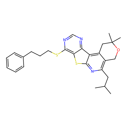 2,2-dimethyl-5-(2-methylpropyl)-8-[(3-phenylpropyl)sulfanyl]-1,4-dihydro-2H-pyrano[4'',3'':4',5']pyrido[3',2':4,5]thieno[3,2-d]pyrimidine structure