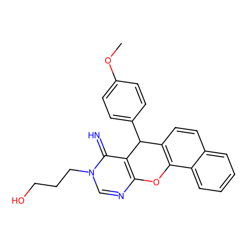 3-[8-imino-7-(4-methoxyphenyl)-7H-benzo[7,8]chromeno[2,3-d]pyrimidin-9(8H)-yl]propan-1-ol structure
