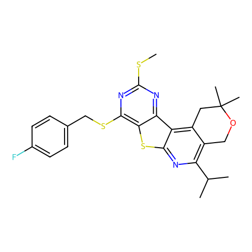 8-((4-fluorobenzyl)thio)-5-isopropyl-2,2-dimethyl-10-(methylthio)-2,4-dihydro-1H-pyrano[4'',3'':4',5']pyrido[3',2':4,5]thieno[3,2-d]pyrimidine structure