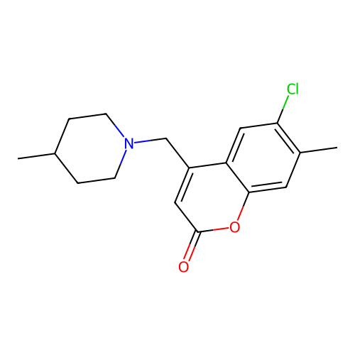 6-chloro-7-methyl-4-((4-methylpiperidin-1-yl)methyl)-2H-chromen-2-one structure