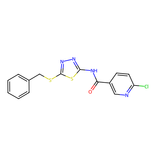 N-[5-(benzylsulfanyl)-1,3,4-thiadiazol-2-yl]-6-chloropyridine-3-carboxamide structure
