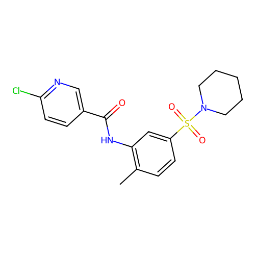 6-chloro-N-[2-methyl-5-(piperidine-1-sulfonyl)phenyl]pyridine-3-carboxamide structure