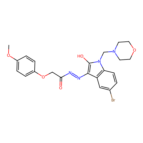 (Z)-N'-(5-bromo-1-(morpholinomethyl)-2-oxoindolin-3-ylidene)-2-(4-methoxyphenoxy)acetohydrazide structure
