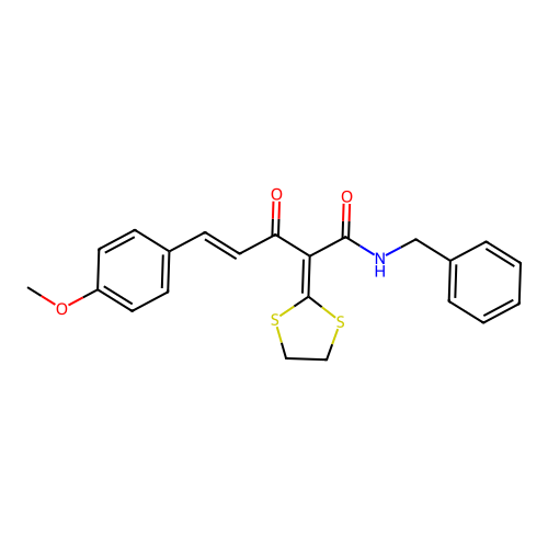 N-benzyl-2-(1,3-dithiolan-2-ylidene)-5-(4-methoxyphenyl)-3-oxopent-4-enamide structure