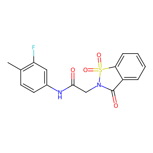 N-(3-fluoro-4-methylphenyl)-2-(1,1,3-trioxo-1,2-benzothiazol-2-yl)acetamide structure