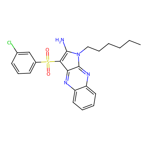 3-((3-chlorophenyl)sulfonyl)-1-hexyl-1H-pyrrolo[2,3-b]quinoxalin-2-amine structure