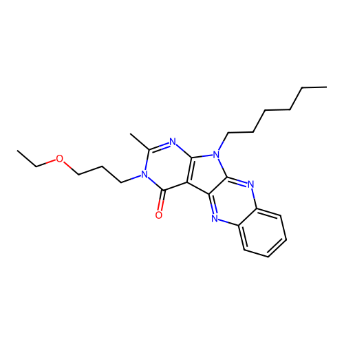 3-(3-ethoxypropyl)-11-hexyl-2-methyl-3,11-dihydro-4H-pyrimido[5',4':4,5]pyrrolo[2,3-b]quinoxalin-4-one structure