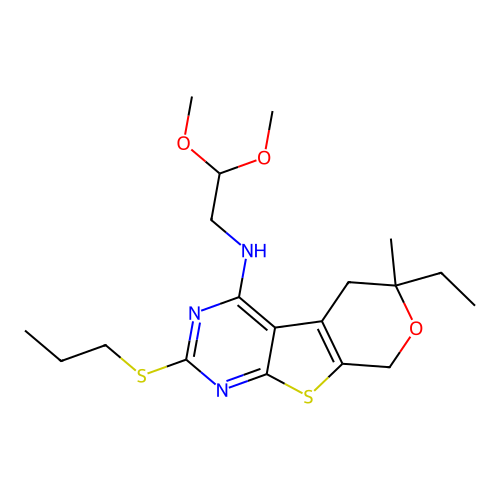 N-(2,2-dimethoxyethyl)-6-ethyl-6-methyl-2-(propylsulfanyl)-5,8-dihydro-6H-pyrano[4',3':4,5]thieno[2,3-d]pyrimidin-4-amine structure