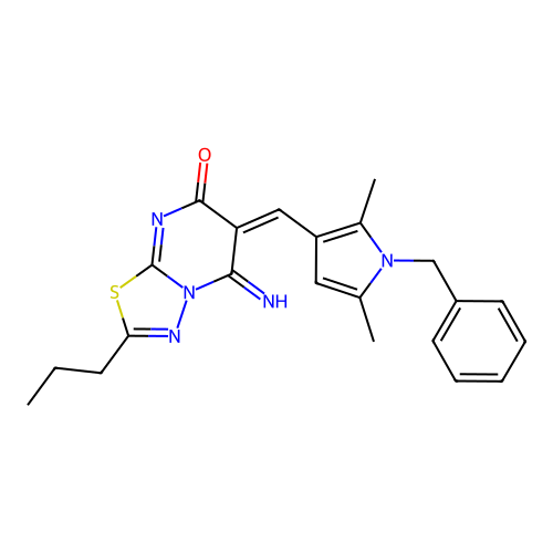 (6E)-6-[(1-benzyl-2,5-dimethyl-1H-pyrrol-3-yl)methylidene]-5-imino-2-propyl-5,6-dihydro-7H-[1,3,4]thiadiazolo[3,2-a]pyrimidin-7-one structure