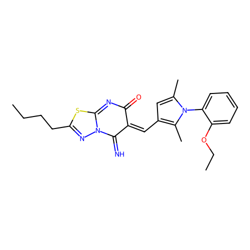 (6Z)-2-butyl-6-[[1-(2-ethoxyphenyl)-2,5-dimethylpyrrol-3-yl]methylidene]-5-imino-[1,3,4]thiadiazolo[3,2-a]pyrimidin-7-one structure