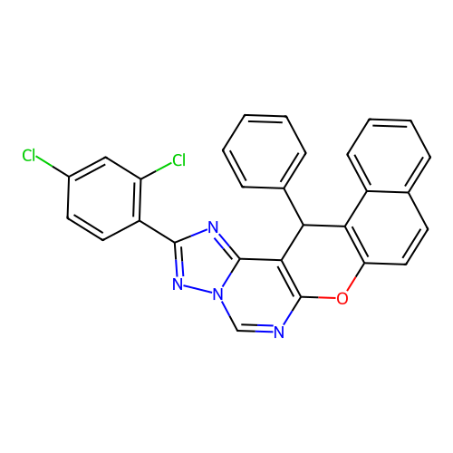 2-(2,4-dichlorophenyl)-14-phenyl-14H-benzo[5,6]chromeno[3,2-e][1,2,4]triazolo[1,5-c]pyrimidine structure