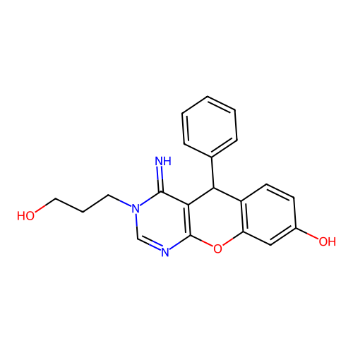 3-(3-hydroxypropyl)-4-imino-5-phenyl-5H-chromeno[2,3-d]pyrimidin-8-ol structure