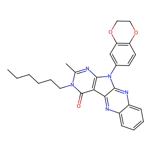 11-(2,3-dihydro-1,4-benzodioxin-6-yl)-3-hexyl-2-methyl-3,11-dihydro-4H-pyrimido[5',4':4,5]pyrrolo[2,3-b]quinoxalin-4-one structure