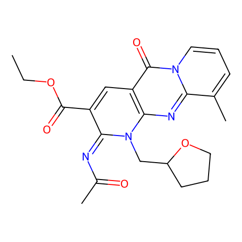 (Z)-ethyl 2-(acetylimino)-10-methyl-5-oxo-1-((tetrahydrofuran-2-yl)methyl)-2,5-dihydro-1H-dipyrido[1,2-a:2',3'-d]pyrimidine-3-carboxylate structure