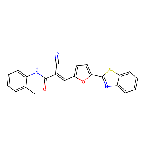 (2E)-3-(5-benzothiazol-2-yl(2-furyl))-2-cyano-N-(2-methylphenyl)prop-2-enamide structure