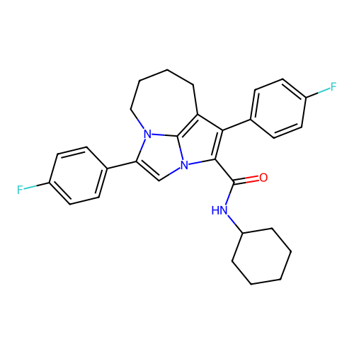 N-cyclohexyl-1,4-bis(4-fluorophenyl)-5,6,7,8-tetrahydro-2a,4a-diazacyclopenta[cd]azulene-2-carboxamide structure
