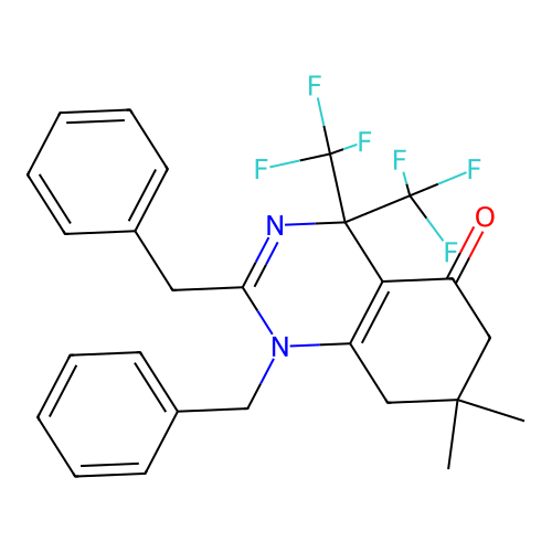 1,2-dibenzyl-7,7-dimethyl-4,4-bis(trifluoromethyl)-4,6,7,8-tetrahydroquinazolin-5(1H)-one structure