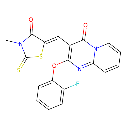 2-(2-fluorophenoxy)-3-[(Z)-(3-methyl-4-oxo-2-thioxo-1,3-thiazolidin-5-ylidene)methyl]-4H-pyrido[1,2-a]pyrimidin-4-one structure