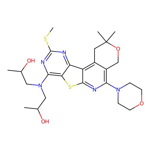 1,1'-((2,2-dimethyl-10-(methylthio)-5-morpholino-2,4-dihydro-1H-pyrano[4'',3'':4',5']pyrido[3',2':4,5]thieno[3,2-d]pyrimidin-8-yl)azanediyl)bis(propan-2-ol) structure