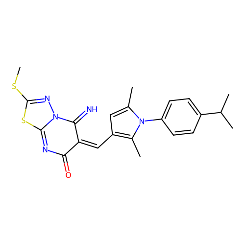 (6E)-6-({2,5-dimethyl-1-[4-(propan-2-yl)phenyl]-1H-pyrrol-3-yl}methylidene)-5-imino-2-(methylsulfanyl)-5,6-dihydro-7H-[1,3,4]thiadiazolo[3,2-a]pyrimidin-7-one structure