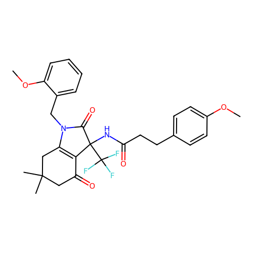 3-(4-methoxyphenyl)-N-[1-[(2-methoxyphenyl)methyl]-6,6-dimethyl-2,4-dioxo-3-(trifluoromethyl)-5,7-dihydroindol-3-yl]propanamide structure