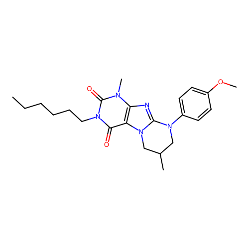 3-hexyl-9-(4-methoxyphenyl)-1,7-dimethyl-6,7,8,9-tetrahydropyrimido[2,1-f]purine-2,4(1H,3H)-dione structure