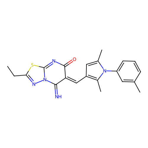 (6Z)-6-[[2,5-dimethyl-1-(3-methylphenyl)pyrrol-3-yl]methylidene]-2-ethyl-5-imino-[1,3,4]thiadiazolo[3,2-a]pyrimidin-7-one structure