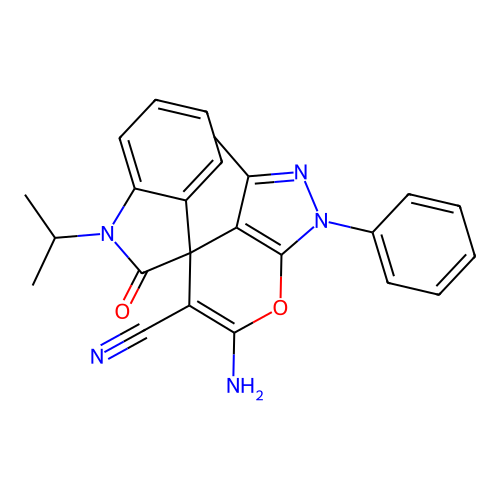 6'-amino-1-isopropyl-3'-methyl-2-oxo-1'-phenyl-1'H-spiro[indoline-3,4'-pyrano[2,3-c]pyrazole]-5'-carbonitrile structure