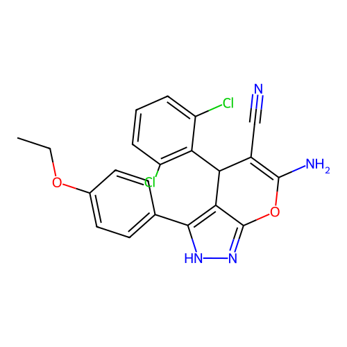 6-amino-4-(2,6-dichlorophenyl)-3-(4-ethoxyphenyl)-1,4-dihydropyrano[2,3-c]pyrazole-5-carbonitrile structure