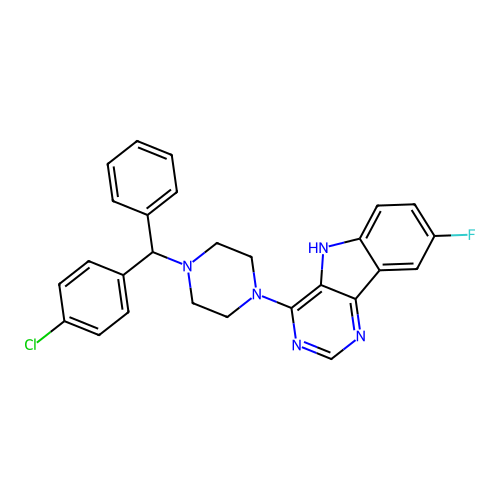 4-(4-((4-chlorophenyl)(phenyl)methyl)piperazin-1-yl)-8-fluoro-5H-pyrimido[5,4-b]indole structure