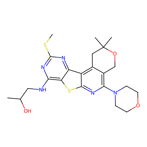 1-((2,2-dimethyl-10-(methylthio)-5-morpholino-2,4-dihydro-1H-pyrano[4'',3'':4',5']pyrido[3',2':4,5]thieno[3,2-d]pyrimidin-8-yl)amino)propan-2-ol structure