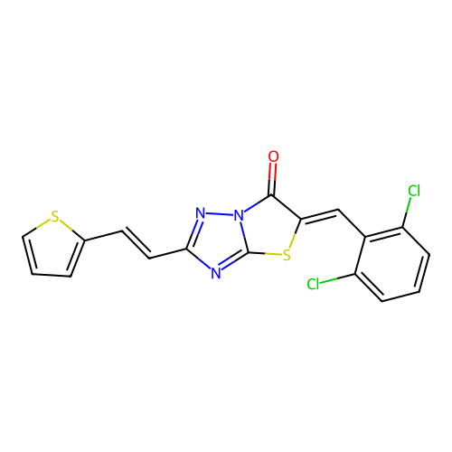 (5Z)-5-(2,6-dichlorobenzylidene)-2-[(E)-2-(thiophen-2-yl)ethenyl][1,3]thiazolo[3,2-b][1,2,4]triazol-6(5H)-one structure