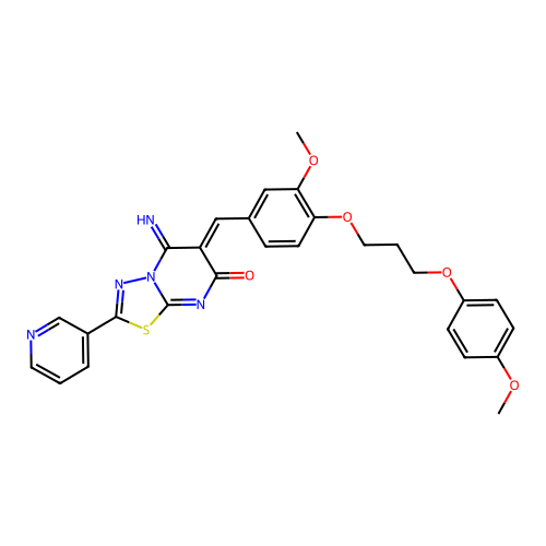 (6Z)-5-imino-6-[[3-methoxy-4-[3-(4-methoxyphenoxy)propoxy]phenyl]methylidene]-2-pyridin-3-yl-[1,3,4]thiadiazolo[3,2-a]pyrimidin-7-one structure