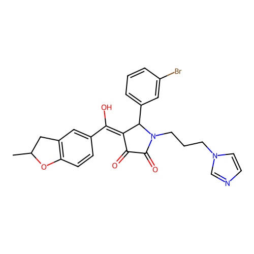 (4E)-5-(3-bromophenyl)-4-[hydroxy-(2-methyl-2,3-dihydro-1-benzofuran-5-yl)methylidene]-1-(3-imidazol-1-ylpropyl)pyrrolidine-2,3-dione structure