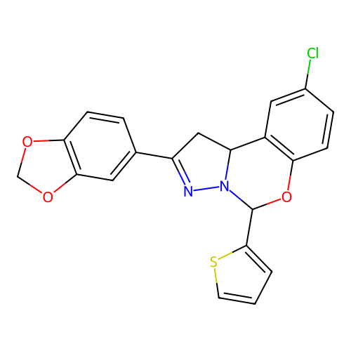 2-(1,3-benzodioxol-5-yl)-9-chloro-5-(thiophen-2-yl)-1,10b-dihydropyrazolo[1,5-c][1,3]benzoxazine structure