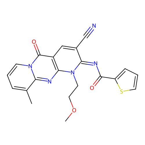 (E)-N-(3-cyano-1-(2-methoxyethyl)-10-methyl-5-oxo-1H-dipyrido[1,2-a:2',3'-d]pyrimidin-2(5H)-ylidene)thiophene-2-carboxamide structure