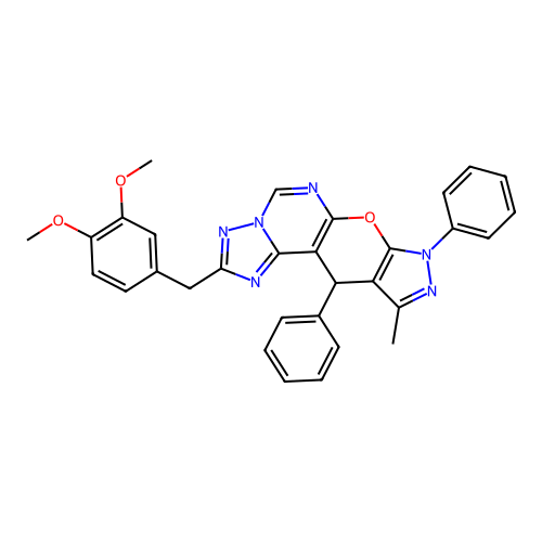 2-(3,4-dimethoxybenzyl)-10-methyl-8,11-diphenyl-8,11-dihydropyrazolo[4',3':5,6]pyrano[3,2-e][1,2,4]triazolo[1,5-c]pyrimidine structure