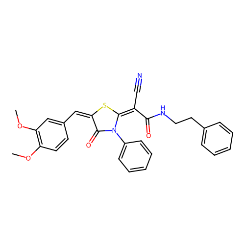 (2E)-2-cyano-2-[(5E)-5-(3,4-dimethoxybenzylidene)-4-oxo-3-phenyl-1,3-thiazolidin-2-ylidene]-N-(2-phenylethyl)ethanamide structure