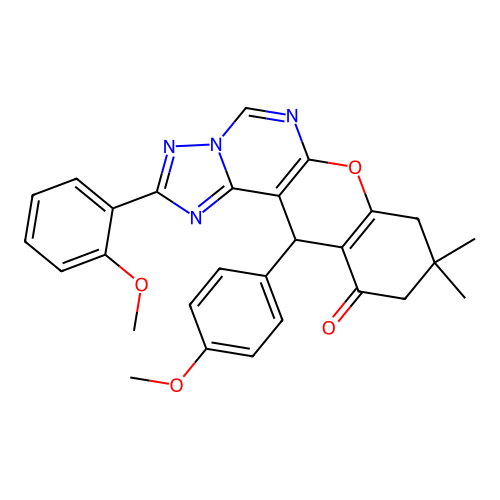 2-(2-methoxyphenyl)-12-(4-methoxyphenyl)-9,9-dimethyl-8,9,10,12-tetrahydro-11H-chromeno[3,2-e][1,2,4]triazolo[1,5-c]pyrimidin-11-one structure