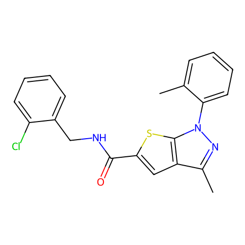 N-(2-chlorobenzyl)-3-methyl-1-(2-methylphenyl)-1H-thieno[2,3-c]pyrazole-5-carboxamide structure