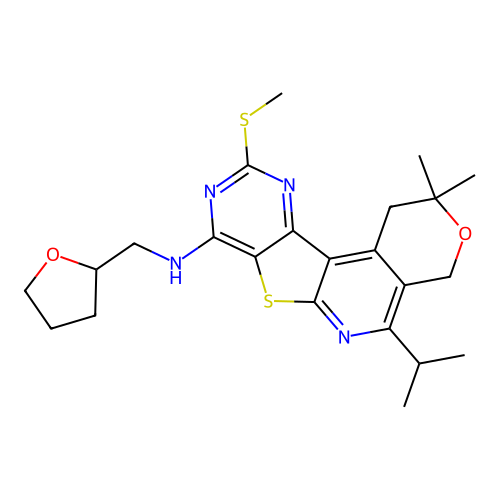 2,2-dimethyl-10-(methylsulfanyl)-5-(propan-2-yl)-N-(tetrahydrofuran-2-ylmethyl)-1,4-dihydro-2H-pyrano[4'',3'':4',5']pyrido[3',2':4,5]thieno[3,2-d]pyrimidin-8-amine structure