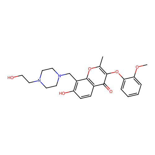 7-hydroxy-8-((4-(2-hydroxyethyl)piperazin-1-yl)methyl)-3-(2-methoxyphenoxy)-2-methyl-4H-chromen-4-one structure