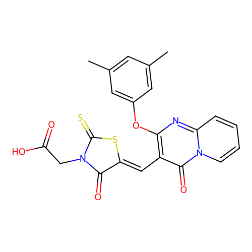 [(5Z)-5-{[2-(3,5-dimethylphenoxy)-4-oxo-4H-pyrido[1,2-a]pyrimidin-3-yl]methylidene}-4-oxo-2-thioxo-1,3-thiazolidin-3-yl]acetic acid structure