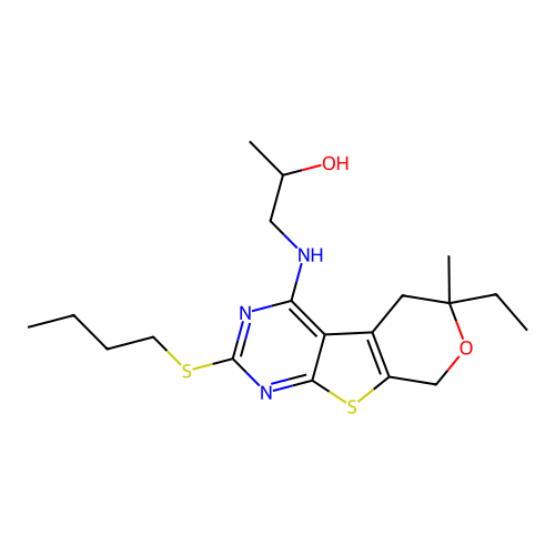 1-((2-(butylthio)-6-ethyl-6-methyl-6,8-dihydro-5H-pyrano[4',3':4,5]thieno[2,3-d]pyrimidin-4-yl)amino)propan-2-ol structure