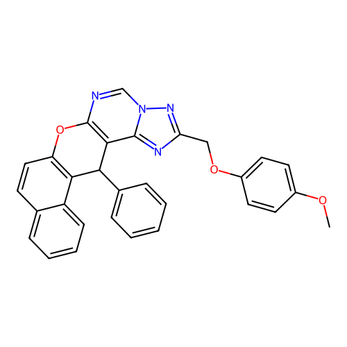 2-[(4-methoxyphenoxy)methyl]-14-phenyl-14H-benzo[5,6]chromeno[3,2-e][1,2,4]triazolo[1,5-c]pyrimidine structure